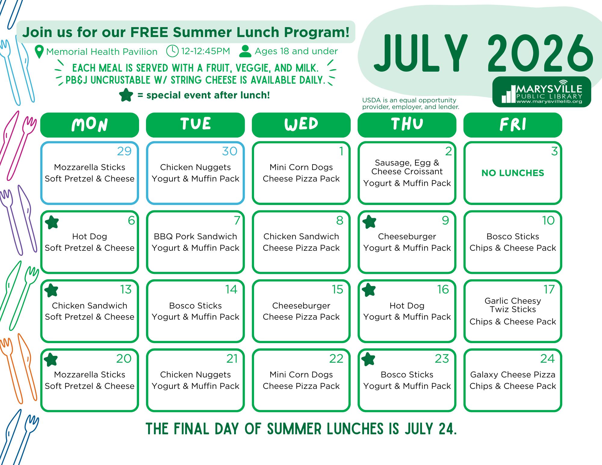 Summer Reading-Program 2026 Lunch Menu July