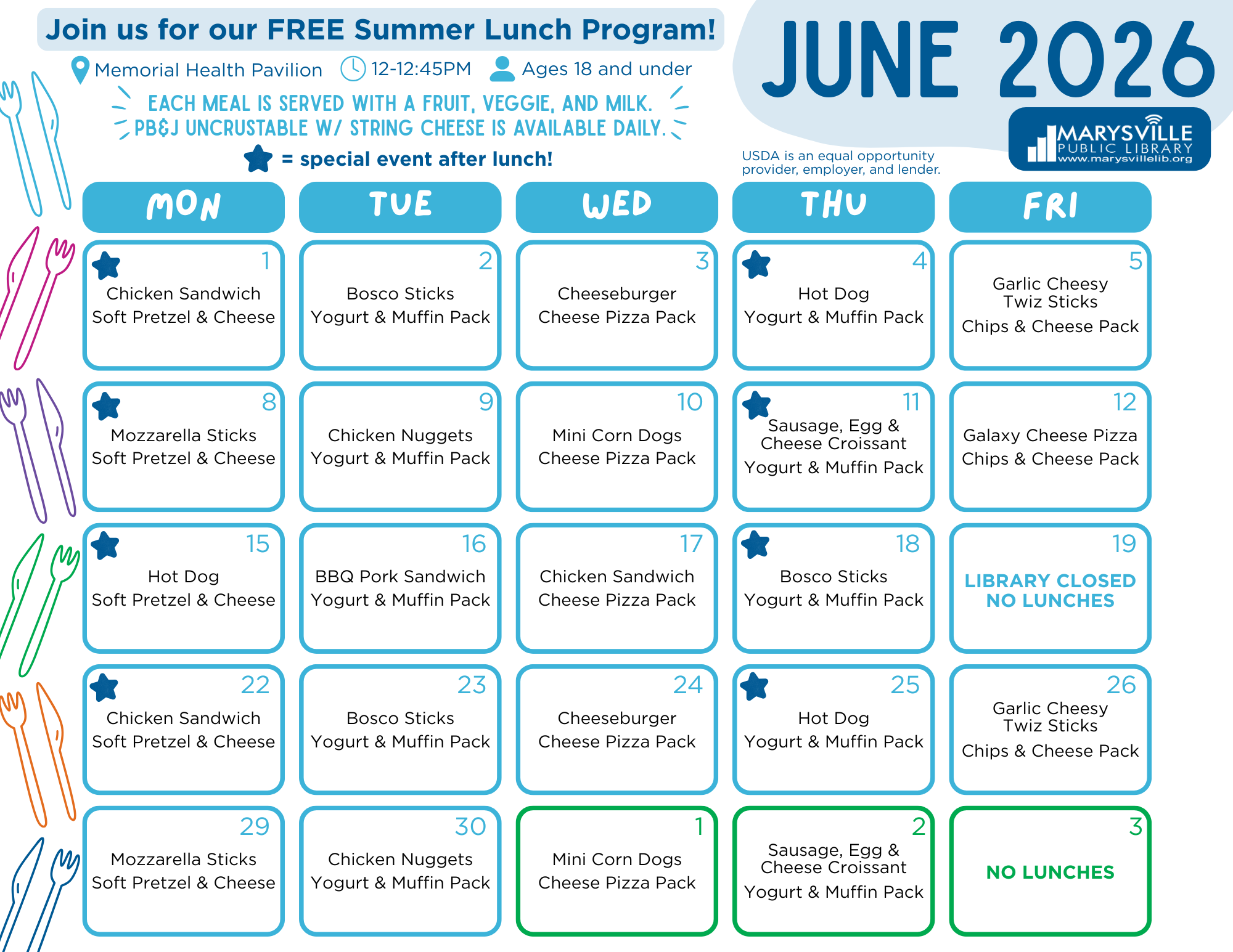 Summer Reading-Program 2026 Lunch Menu June